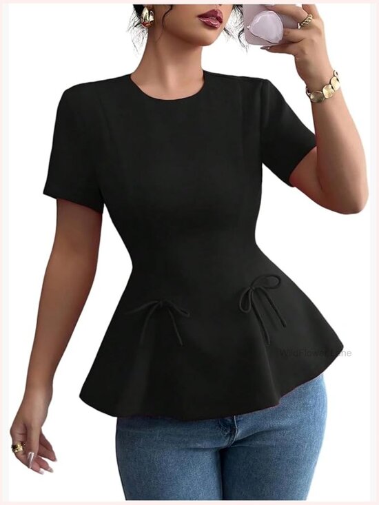Tops - Short Sleeve Bow Peplum Blouse Crew Neck Flare Hem Dressy Casual Tops
